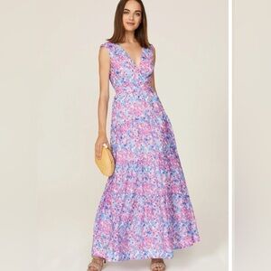 NICHOLAS ORCHID FLORAL LINED MAX SIZE 10 PINK BLUE A-LINE SLEEVELESS DRESS